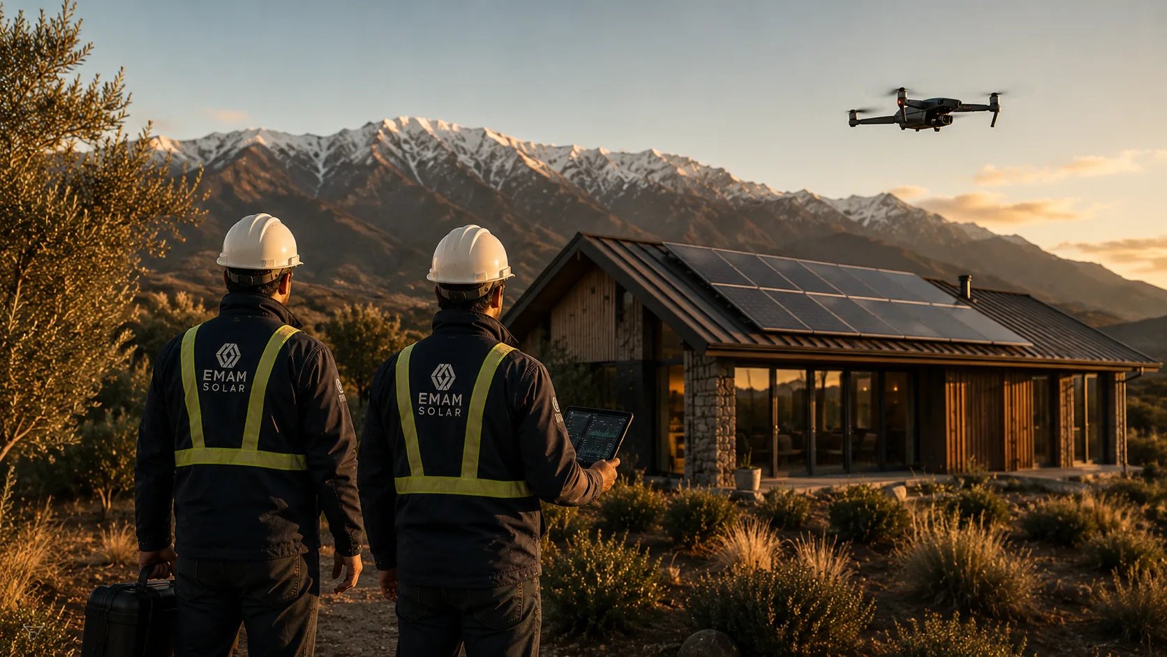 Instalador acreditado SEC con tablet en visita a su propiedad de mantenimiento preventivo · cordillera nevada al fondo