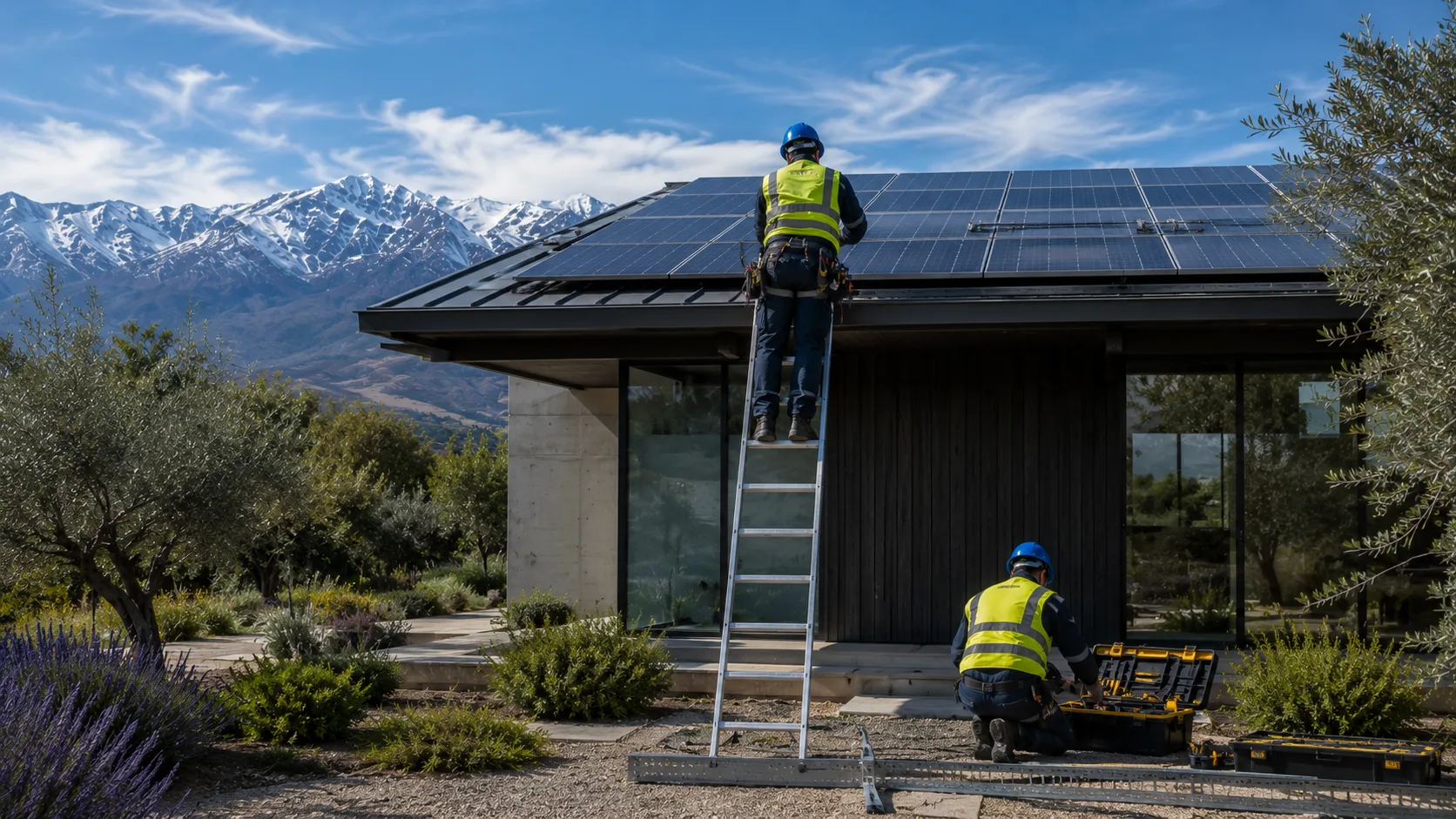 Instaladores acreditados SEC montando paneles solares en cubierta
