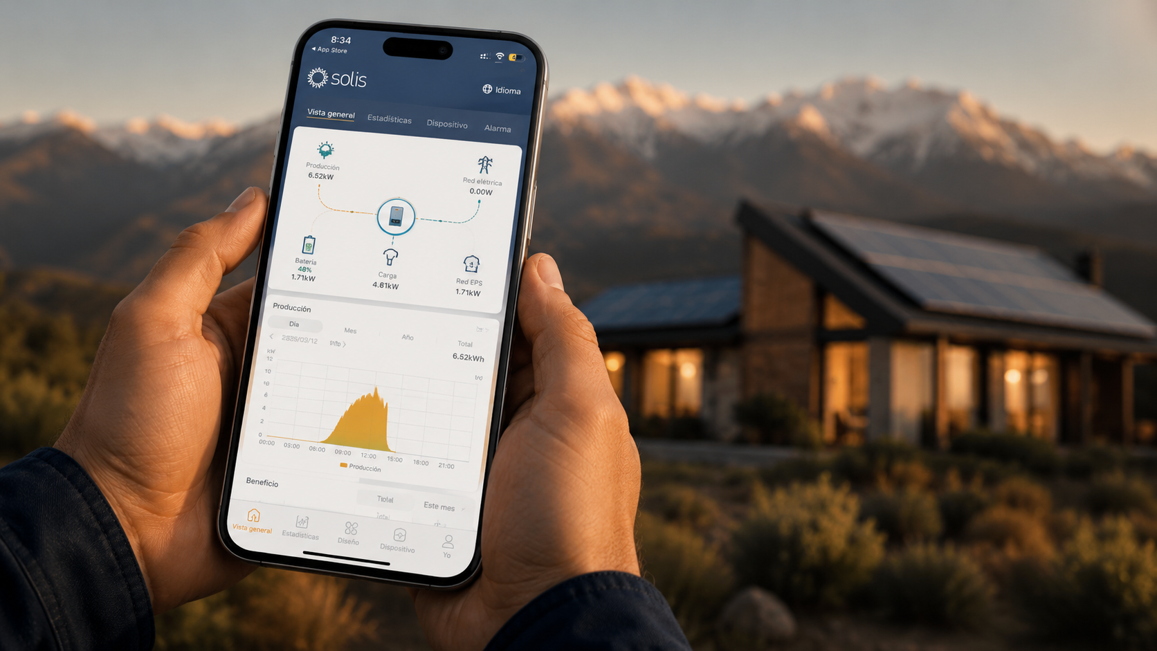 Manos sosteniendo celular con aplicación de monitoreo del sistema solar EMAM SOLAR · cordillera al atardecer