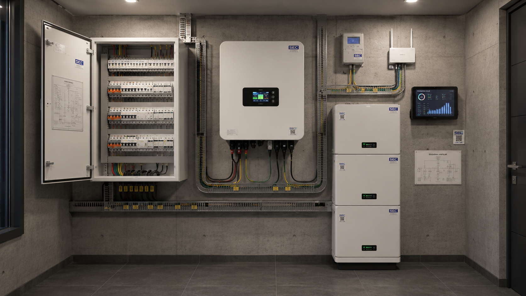 Sala técnica con inversor · batería LiFePO4 · EMAM SOLAR